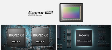 Ilustración del sensor de imagen Exmor RS™, el motor de procesamiento de imágenes Bionz XR™ y la unidad de procesamiento de IA