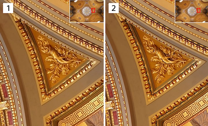 Comparativa de dos imágenes de detalles arquitectónicos: una normal y otra compuesta con Captura múltiple con Pixel Shift